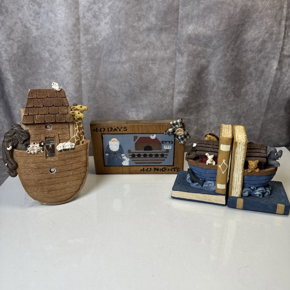 Lot of Noah's Ark Resin‎ & Wood Nursery Decor- Sm plaque, Book ends, light plate